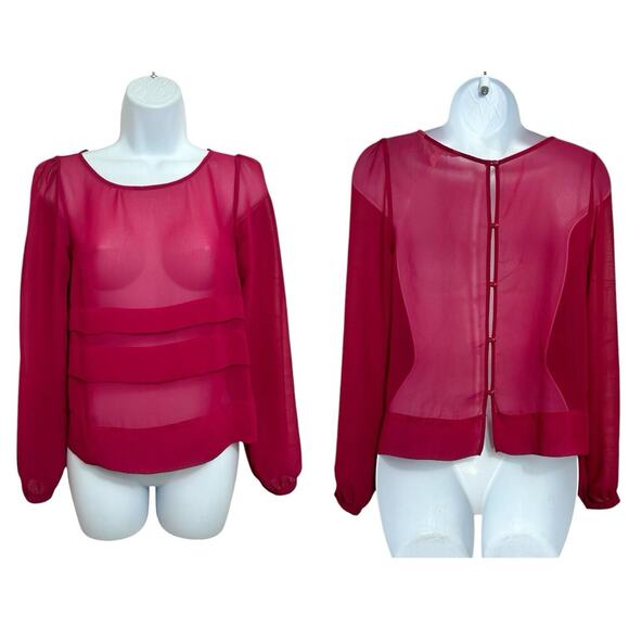BCBGeneration Magenta Semi Sheer Blouse Sz XS Open Back Loose Long-Sleeve Top - Picture 1 of 7